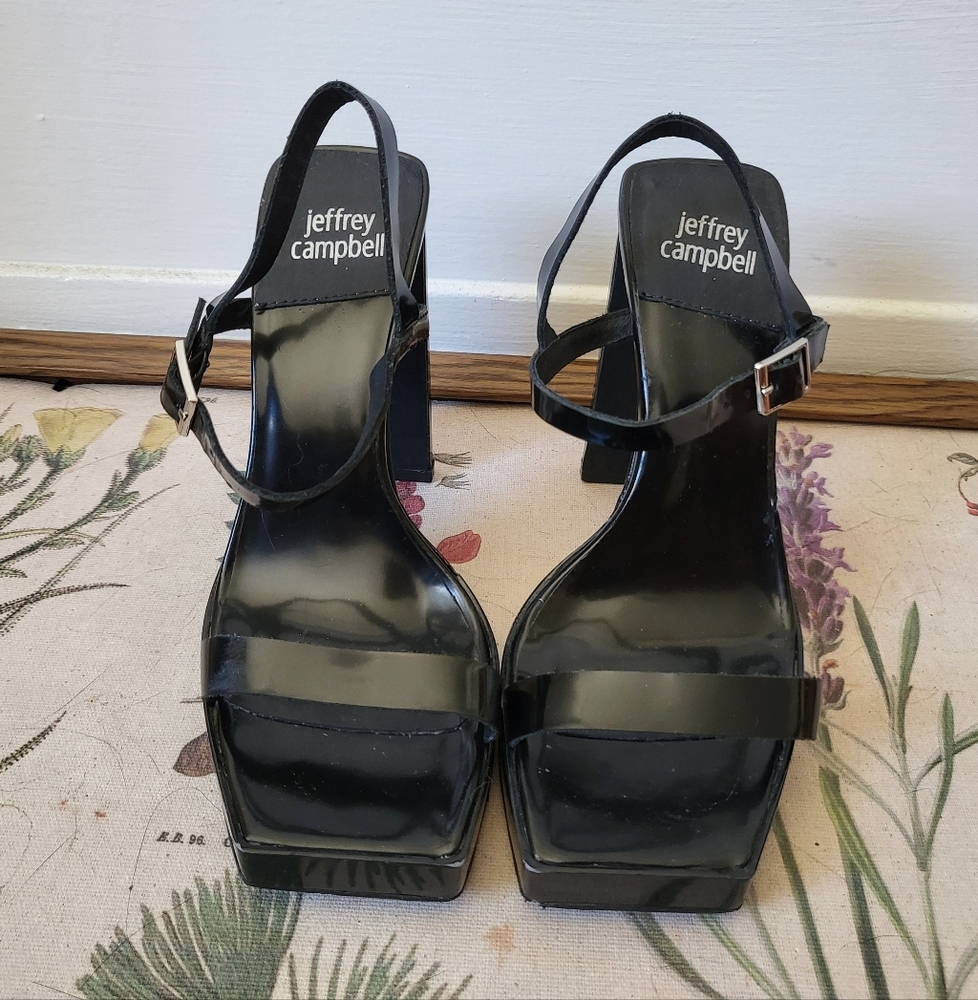JEFFREY CAMPBELL Danceria 2 Platform Square Toe Black Patent Sandals 6